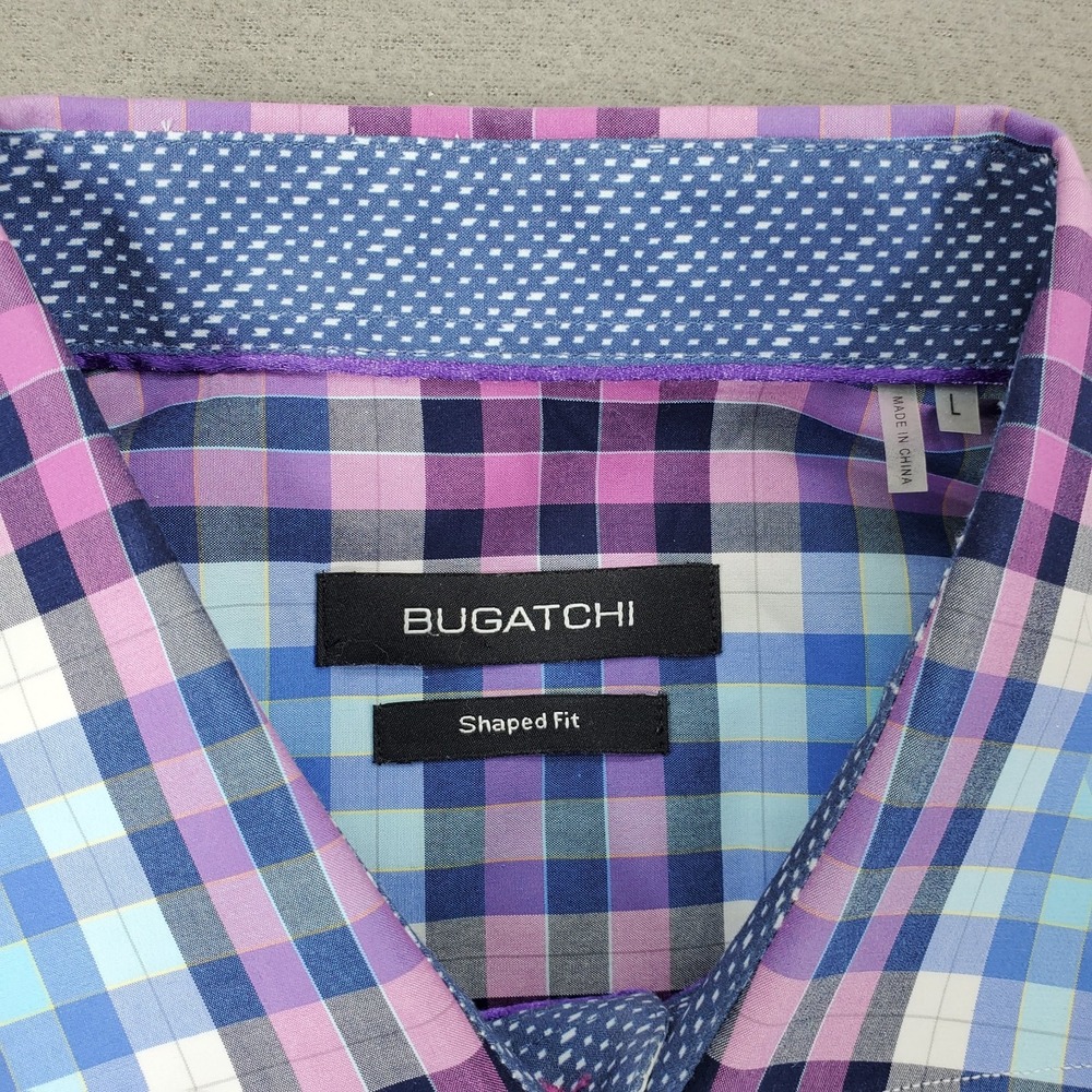 Lot 4 Bugatchi Print Plaid Cuff Long‎ Sleeve Button Down Shirt Men L Shaped Fit - Picture 13 of 16